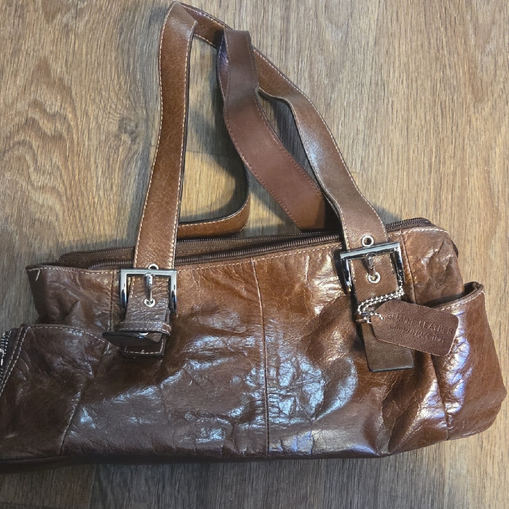 Brown Leather Shoulder Bag with Chain Detail